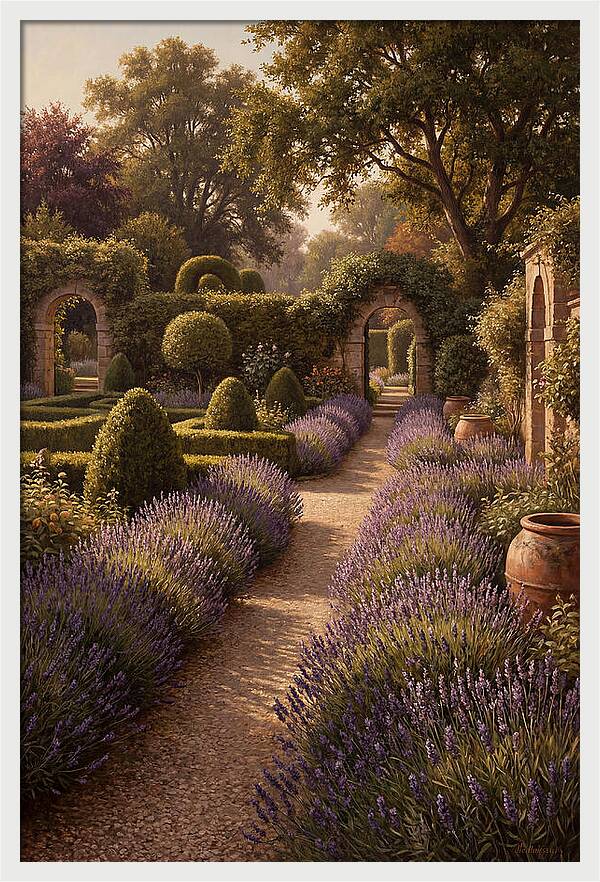 Lavender Hedge Path Through Formal Garden