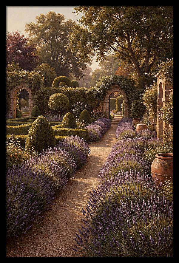 Lavender Hedge Path Through Formal Garden