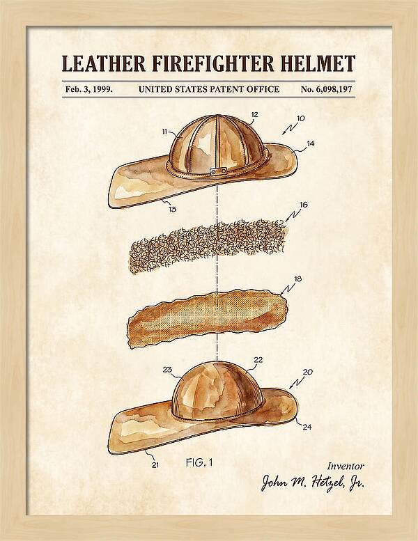 Leather Firefighter Helmet Watercolor Patent Us6098197