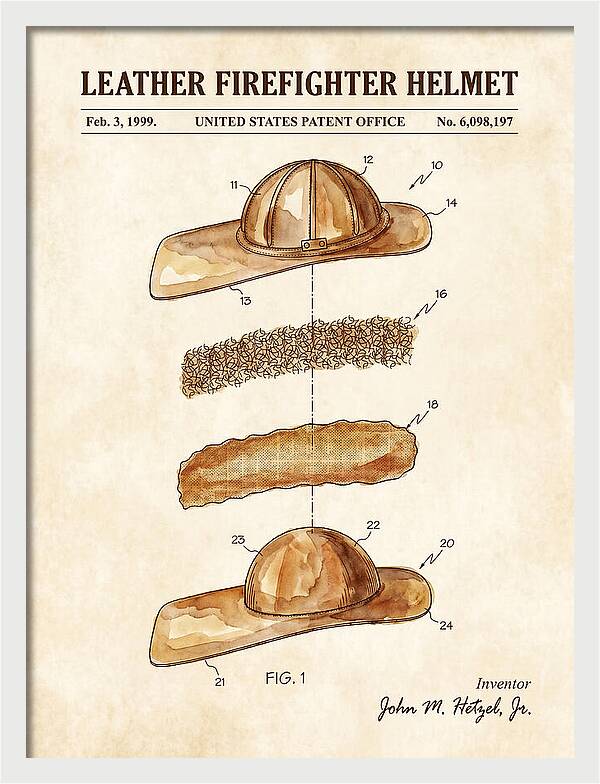 Leather Firefighter Helmet Watercolor Patent Us6098197