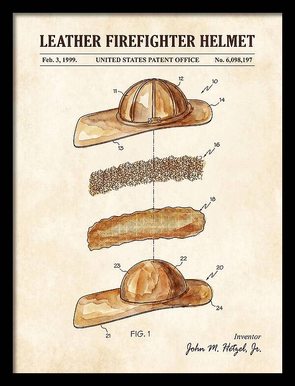 Leather Firefighter Helmet Watercolor Patent Us6098197