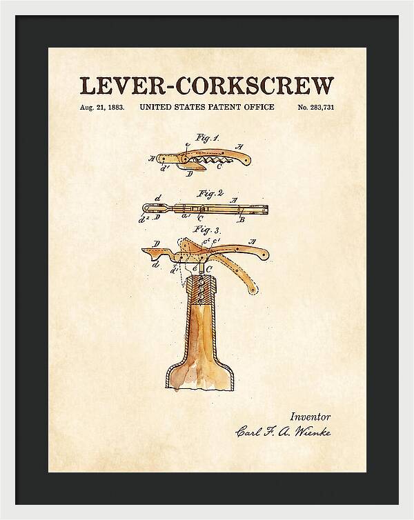 Lever Corkscrew Waiter's Friend Watercolor Patent Us283731a
