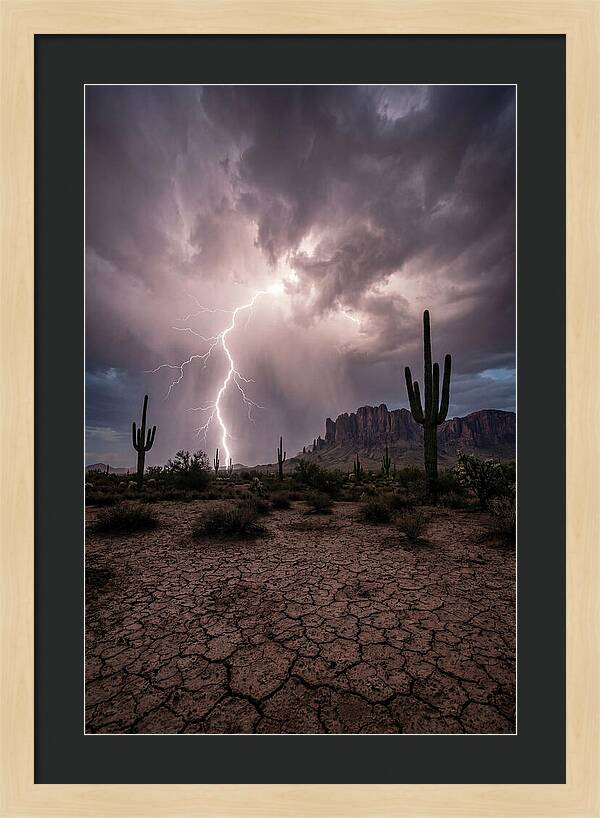 Lightning Strikes Over Desert Landscape