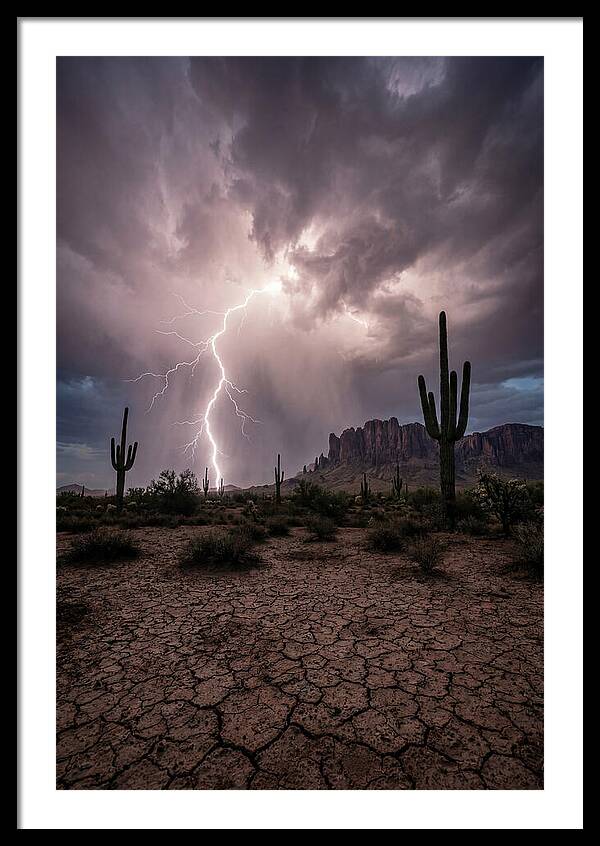 Lightning Strikes Over Desert Landscape