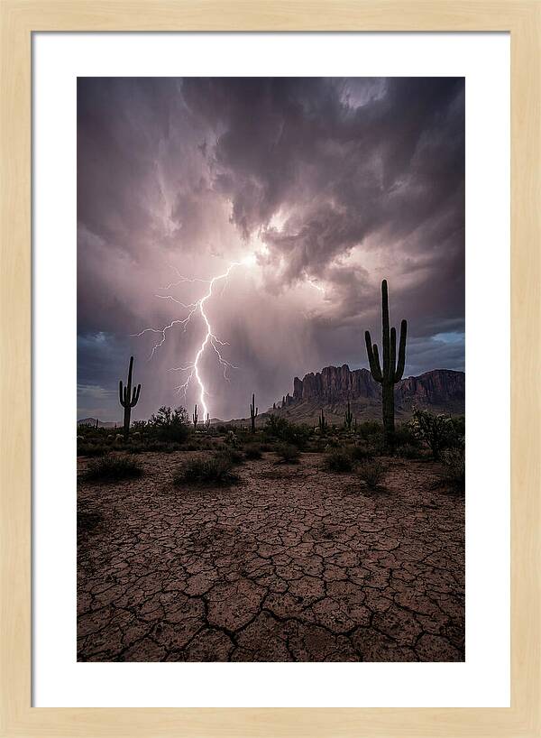 Lightning Strikes Over Desert Landscape