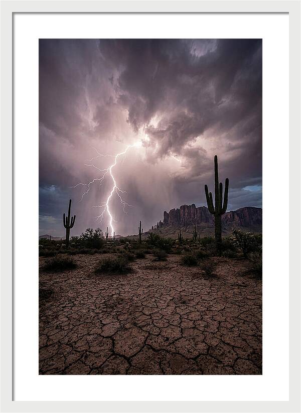 Lightning Strikes Over Desert Landscape