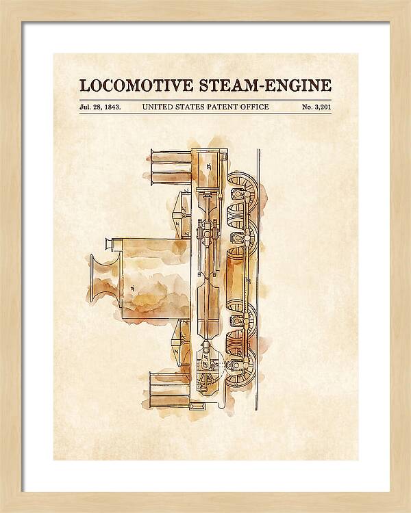 Locomotive Steam Engine Watercolor Patent Us3201