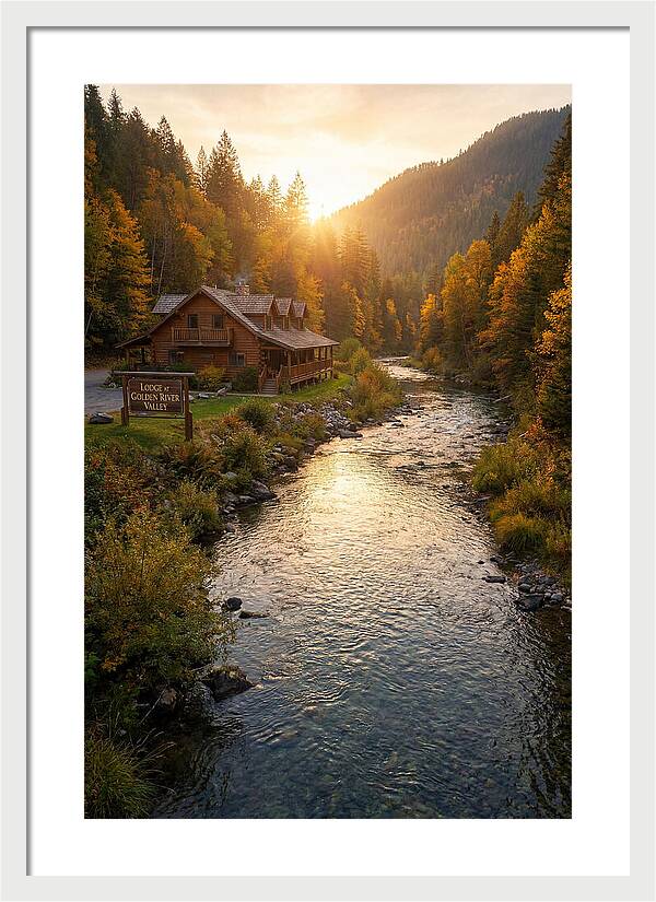 Lodge By The River At Sunset