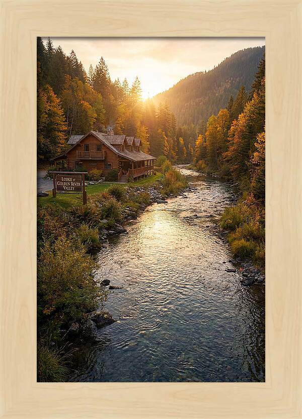 Lodge By The River At Sunset