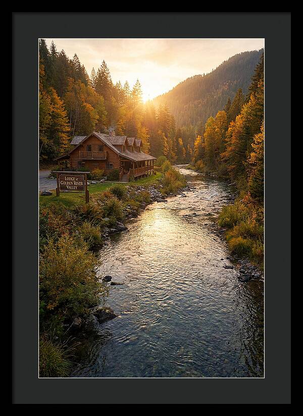 Lodge By The River At Sunset