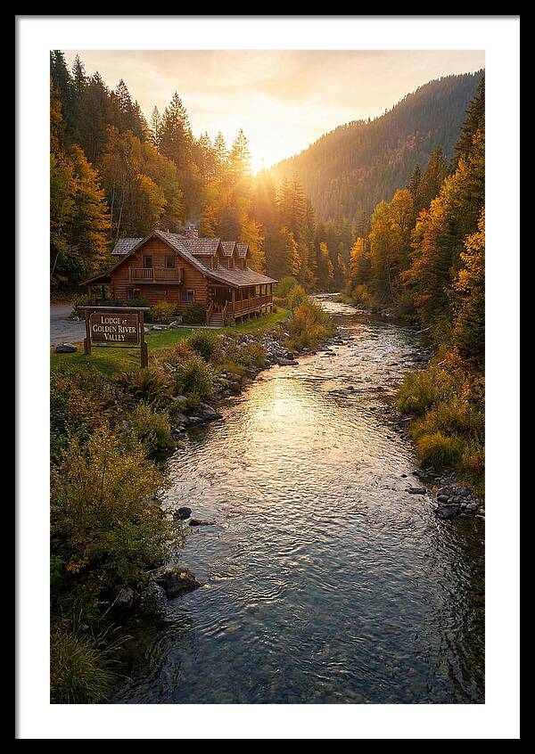 Lodge By The River At Sunset
