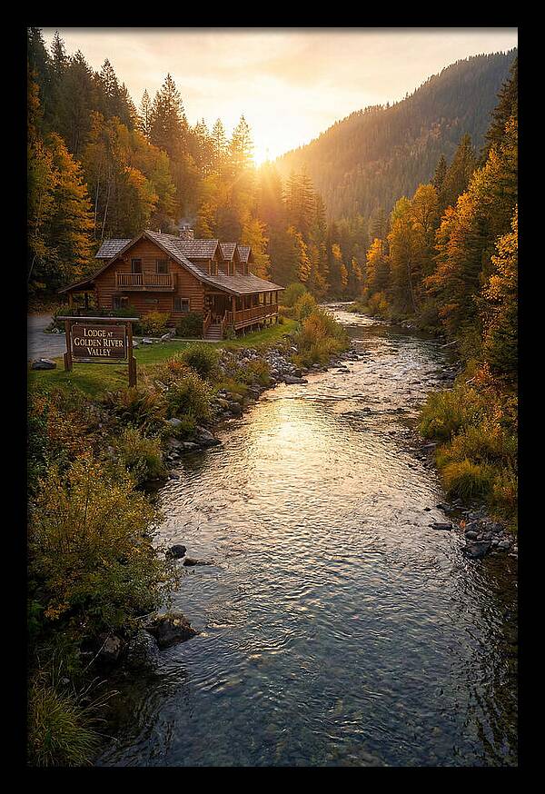 Lodge By The River At Sunset