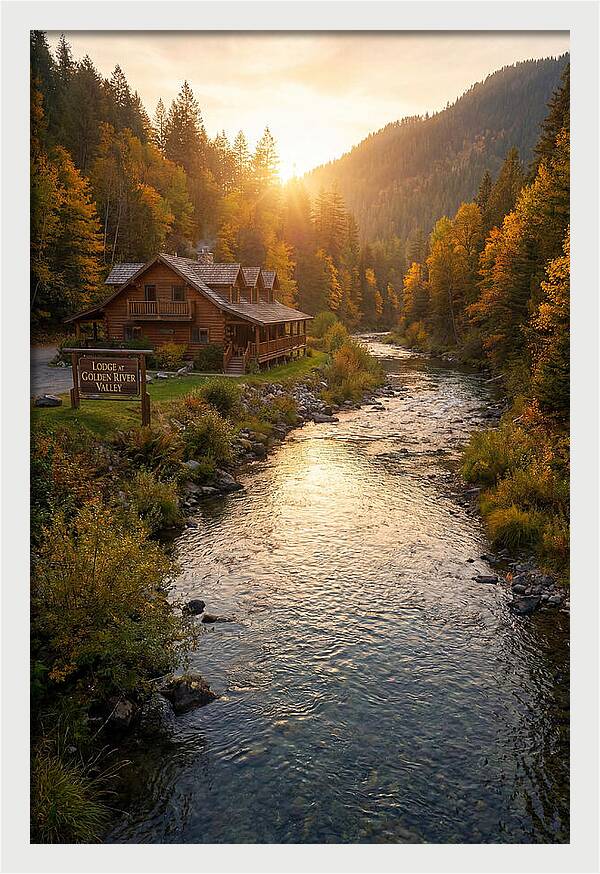 Lodge By The River At Sunset