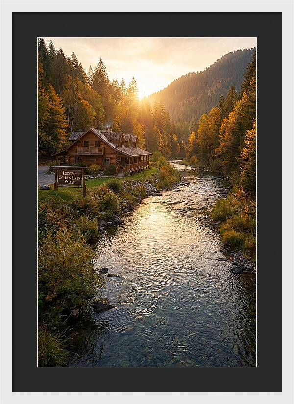 Lodge By The River At Sunset