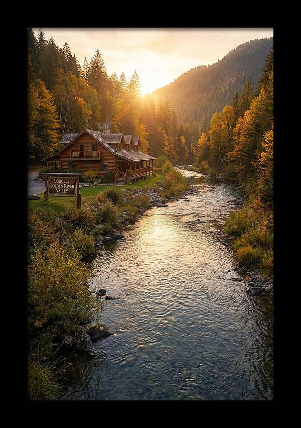 Lodge By The River At Sunset