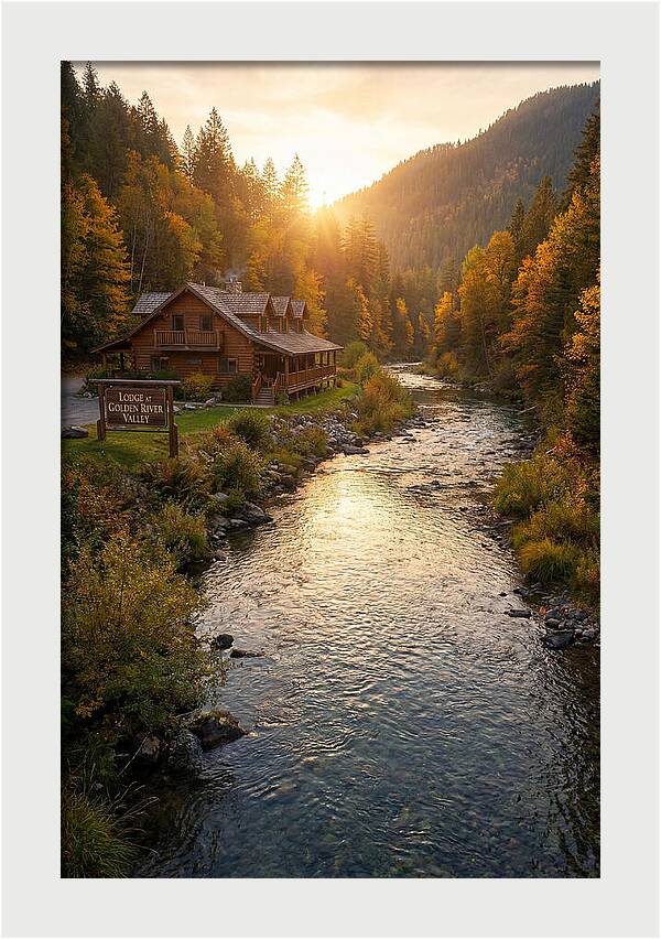 Lodge By The River At Sunset