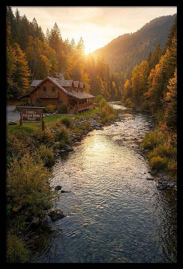 Lodge By The River At Sunset