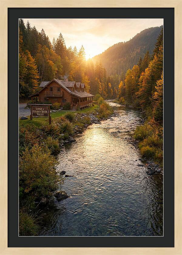 Lodge By The River At Sunset