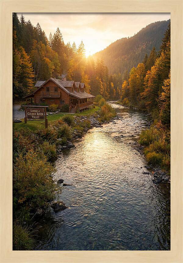 Lodge By The River At Sunset