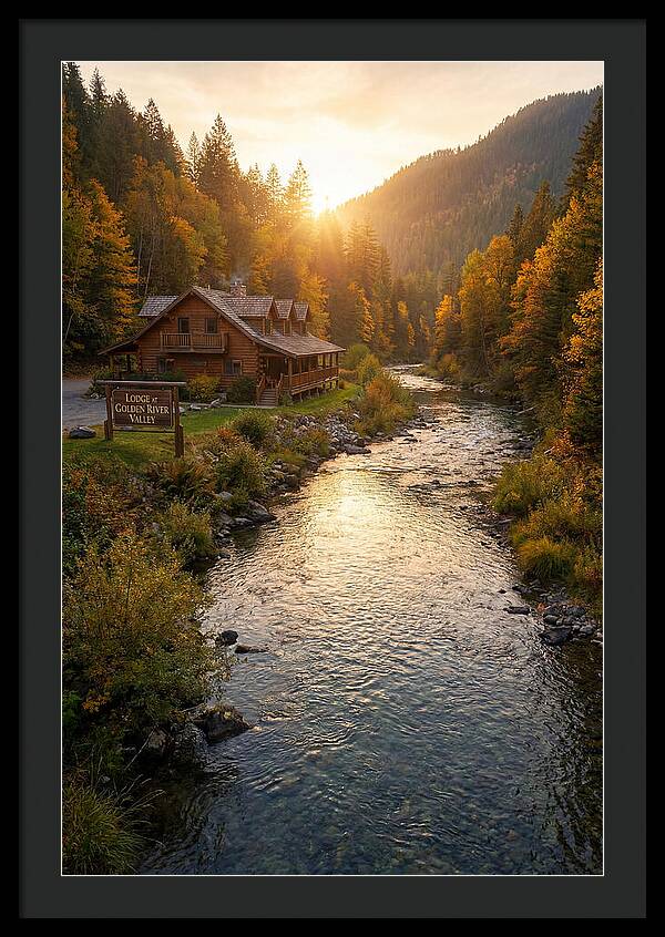 Lodge By The River At Sunset