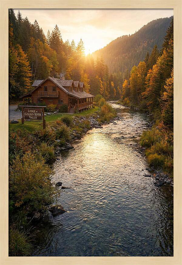 Lodge By The River At Sunset
