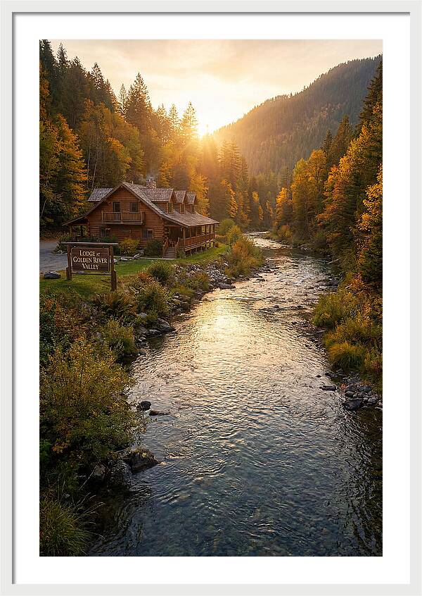 Lodge By The River At Sunset