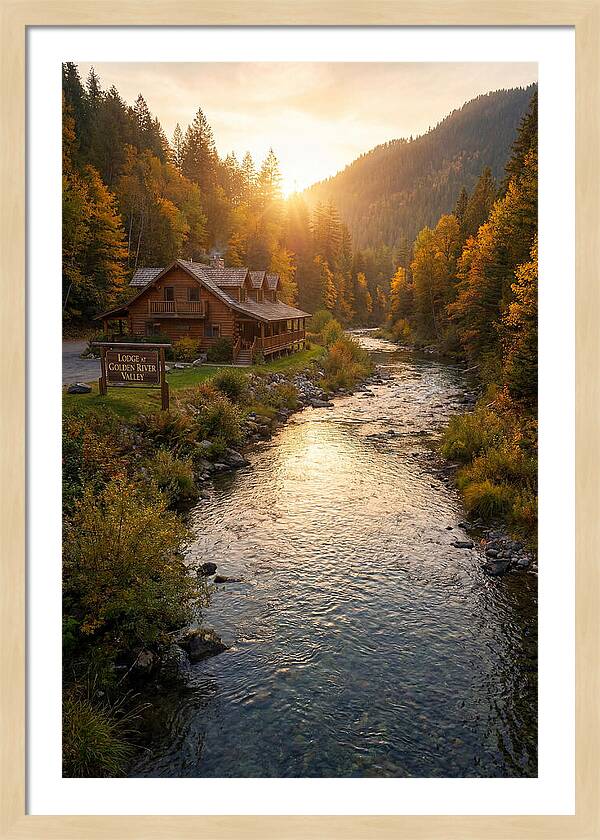Lodge By The River At Sunset