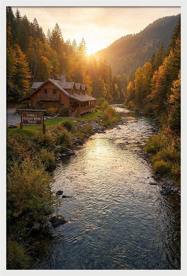 Lodge By The River At Sunset