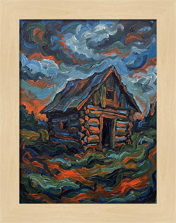 Log Cabin Under Stormy Skies