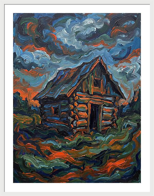 Log Cabin Under Stormy Skies
