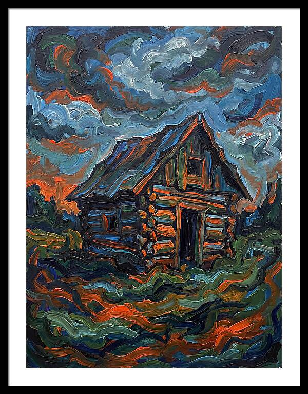 Log Cabin Under Stormy Skies