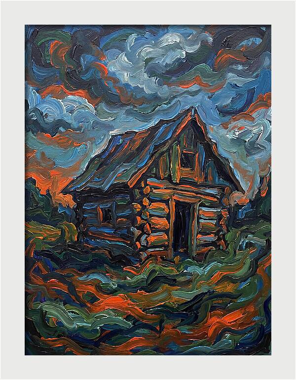 Log Cabin Under Stormy Skies