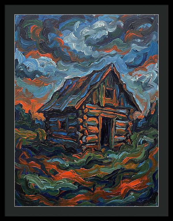 Log Cabin Under Stormy Skies