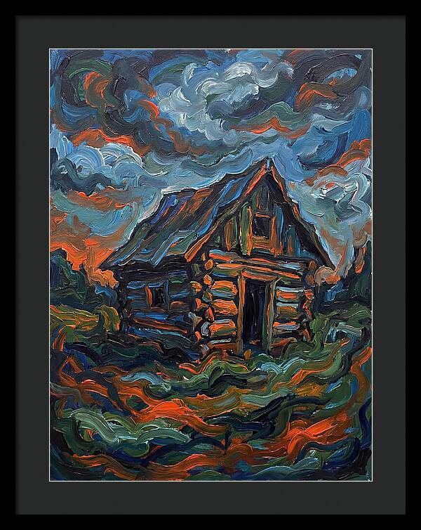 Log Cabin Under Stormy Skies