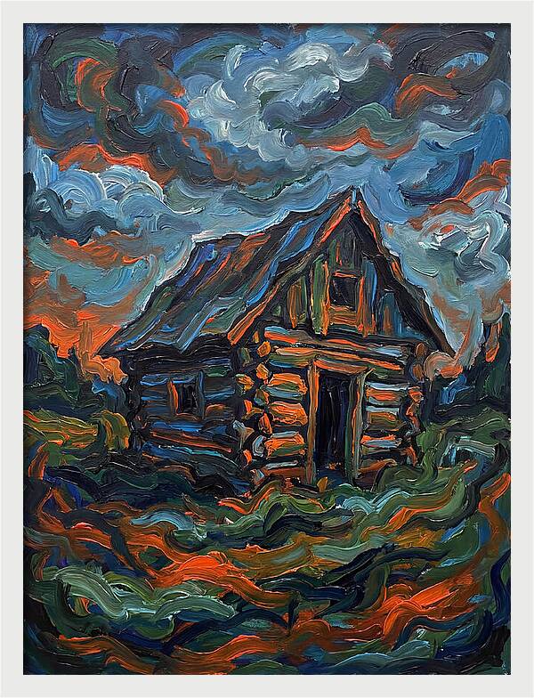 Log Cabin Under Stormy Skies