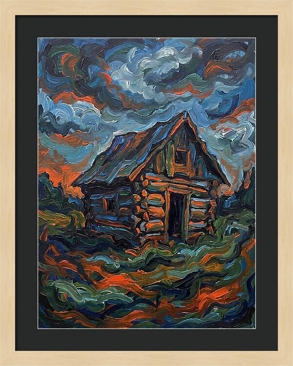 Log Cabin Under Stormy Skies