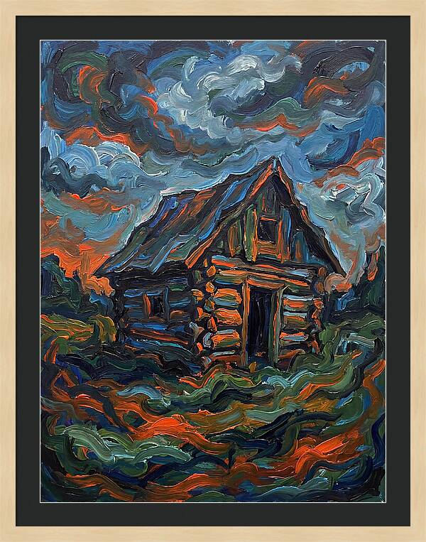 Log Cabin Under Stormy Skies