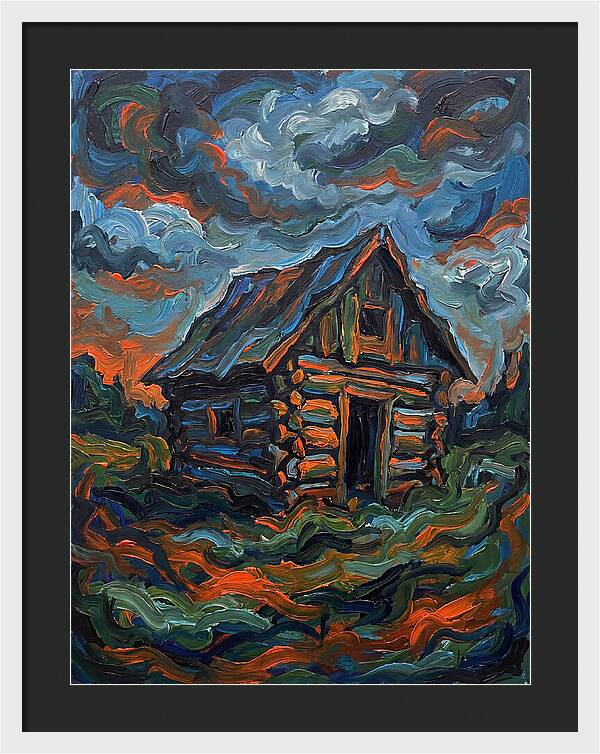 Log Cabin Under Stormy Skies