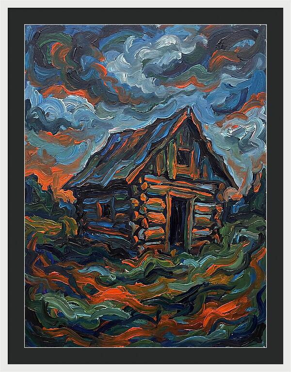 Log Cabin Under Stormy Skies