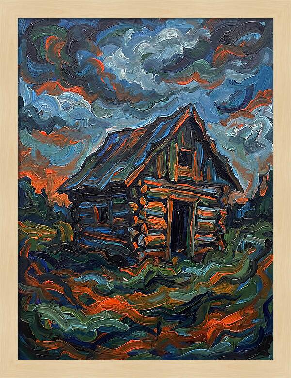 Log Cabin Under Stormy Skies
