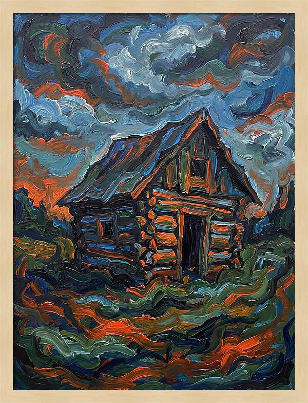 Log Cabin Under Stormy Skies