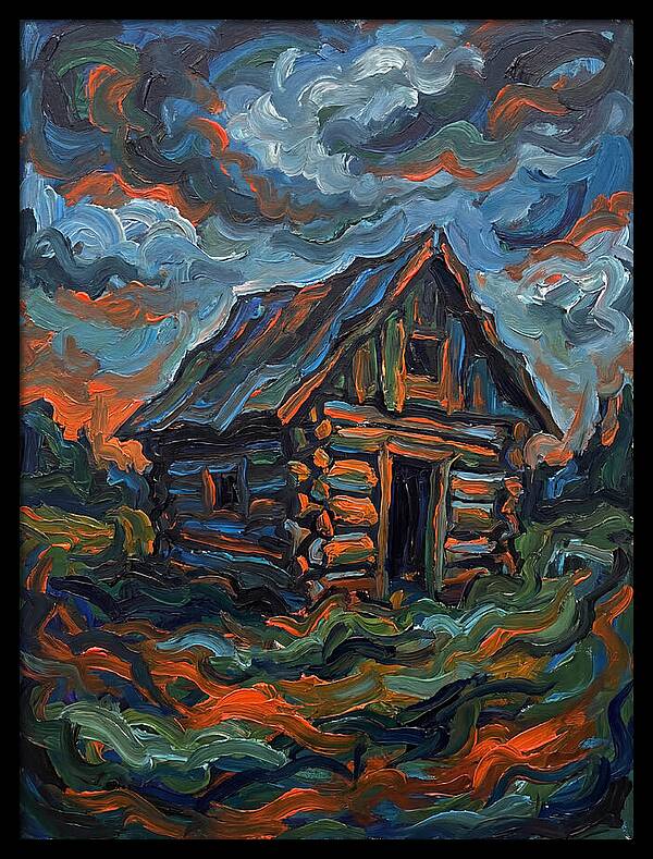 Log Cabin Under Stormy Skies