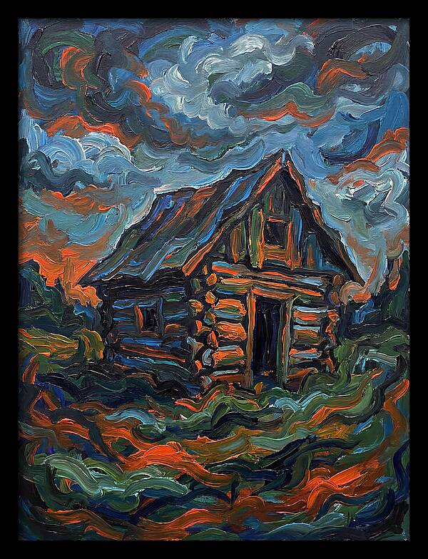 Log Cabin Under Stormy Skies