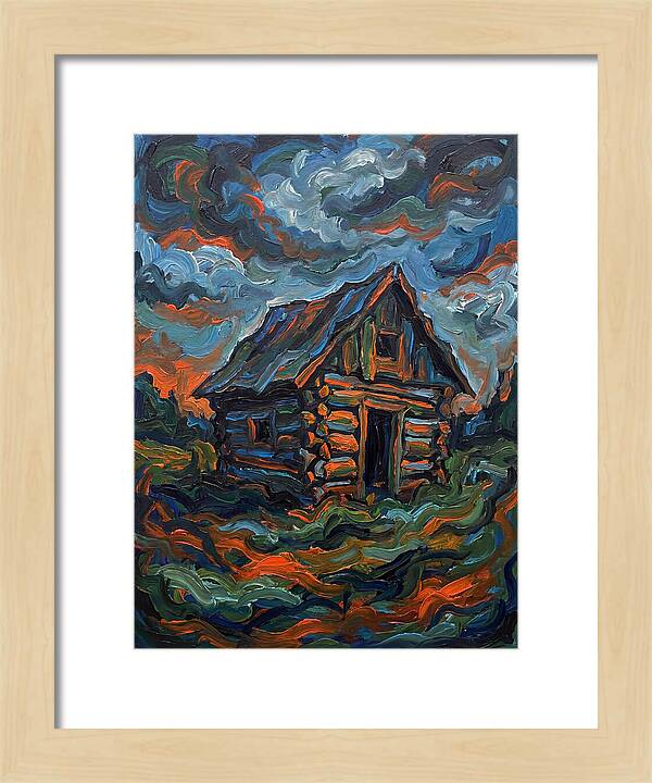 Log Cabin Under Stormy Skies