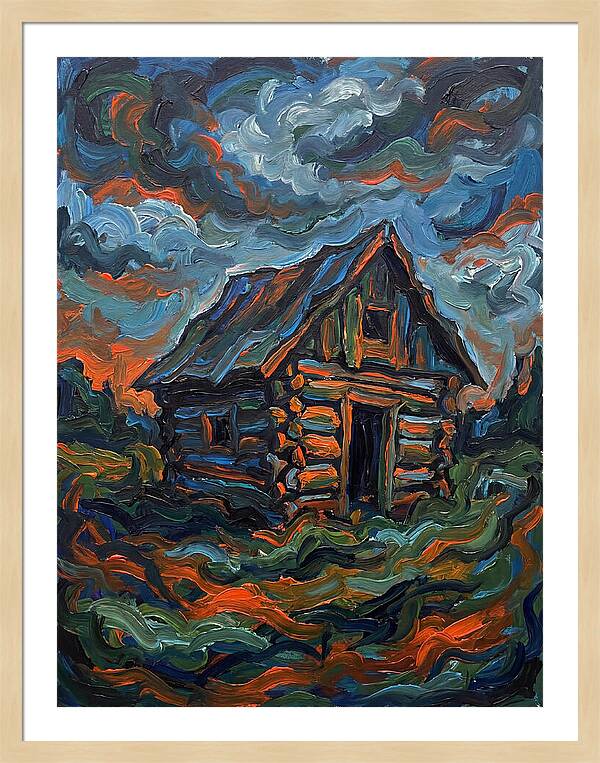 Log Cabin Under Stormy Skies
