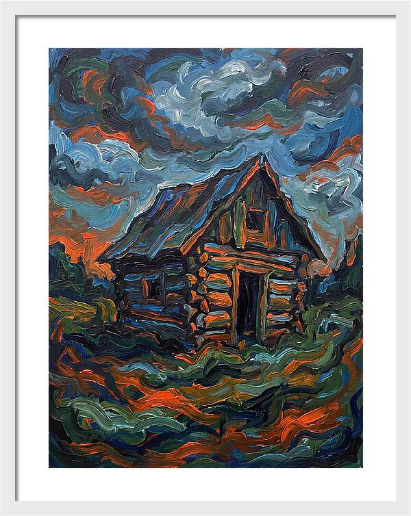 Log Cabin Under Stormy Skies