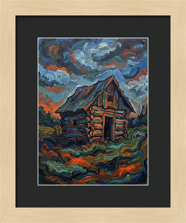 Log Cabin Under Stormy Skies