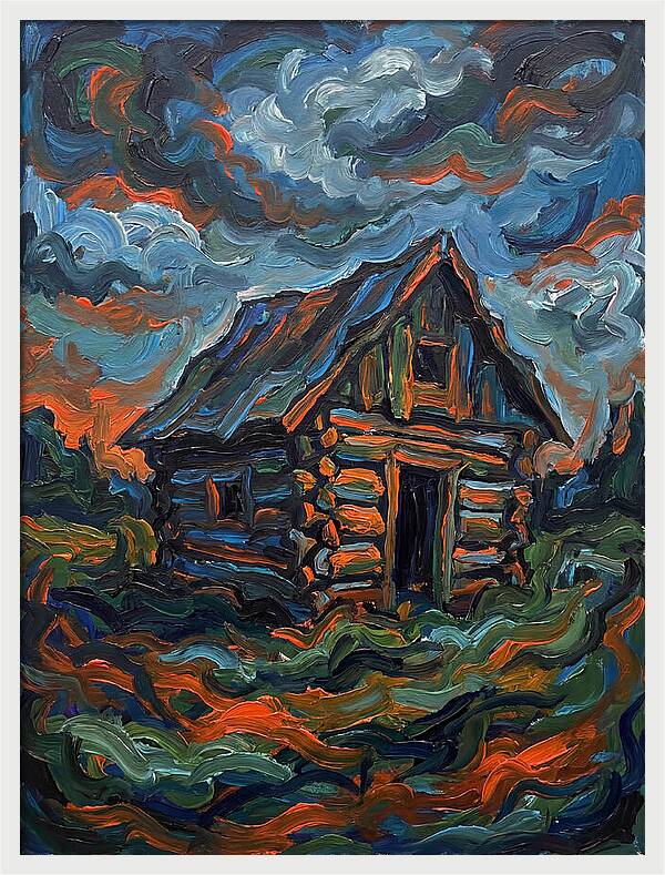 Log Cabin Under Stormy Skies