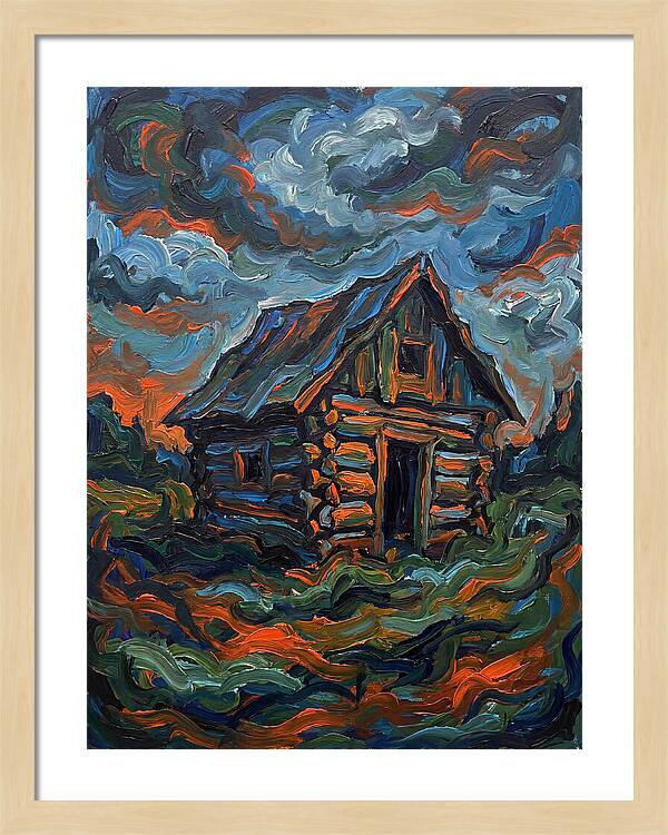 Log Cabin Under Stormy Skies