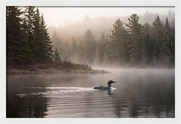 Loon Swimming On Misty Morning Lake